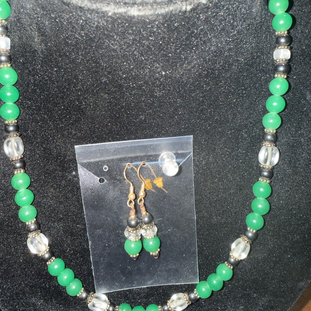 Emerald Green, Silver Beaded, with hematite Necklace and Earring Set